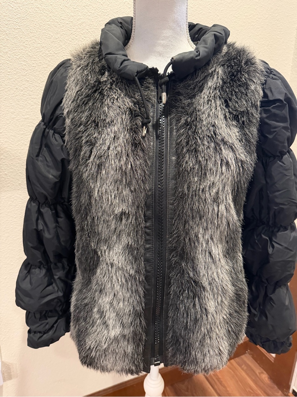 Girls Black Puffer Jacket with Gray Faux-Fur Front Panel